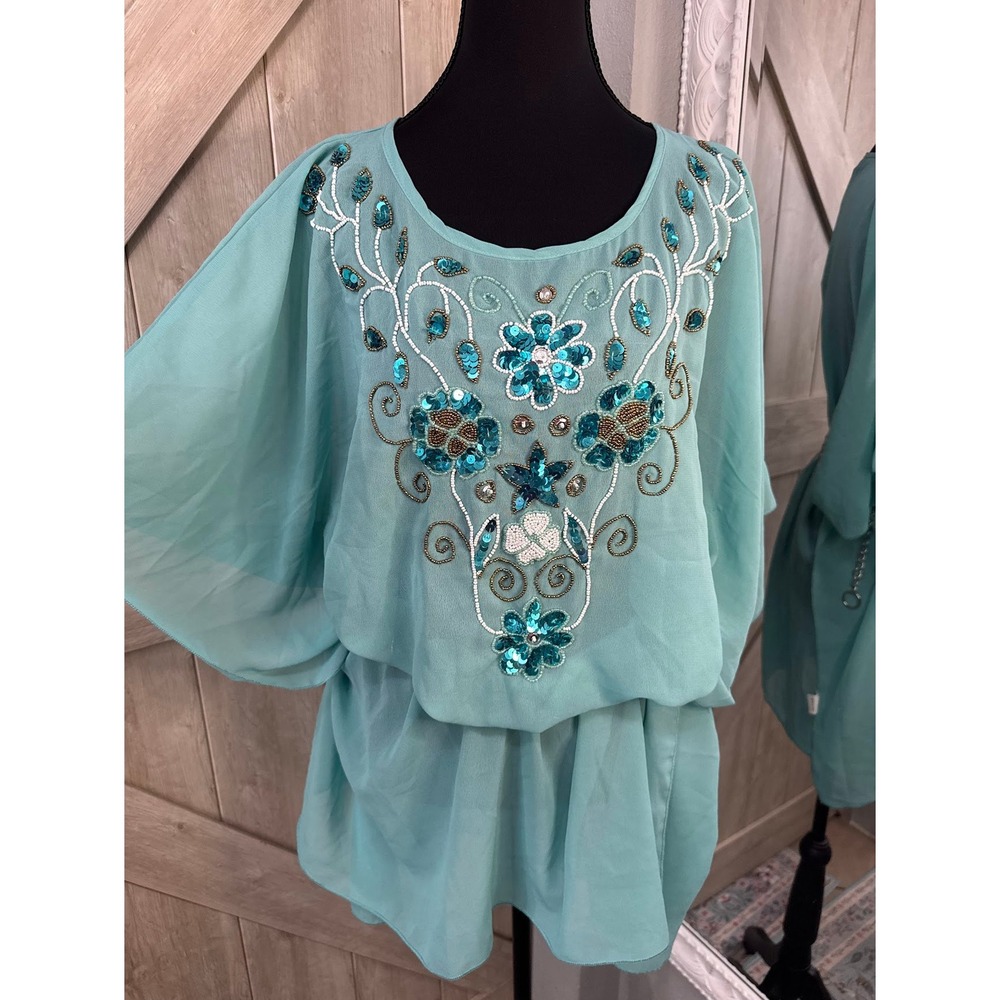Stunning Turquoise Embellished Chiffon Tunic / Mini Dress - One Size